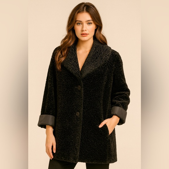 Calvin Klein Black Reversible Faux Fur Swing Coat Sz. L